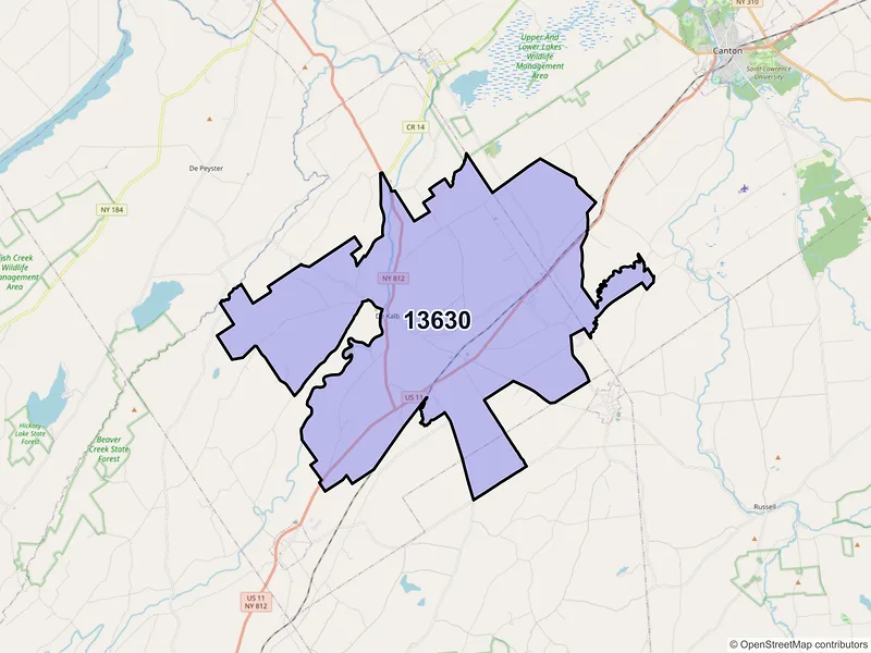 Map of ZIP Code 13630 — De Kalb Junction, NY