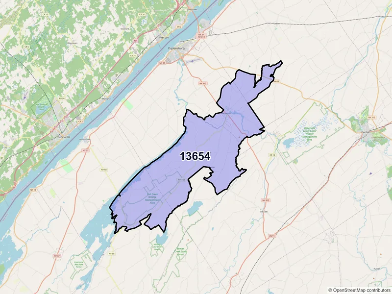 Map of Heuvelton, New York and ZIP codes