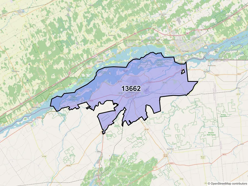 Map of Massena, New York and ZIP codes