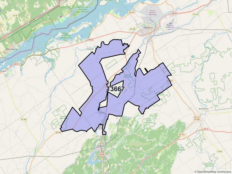 Map of Norfolk, New York and ZIP codes