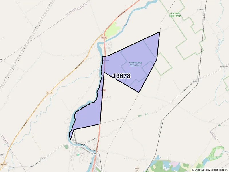 Map of Raymondville, New York and ZIP codes
