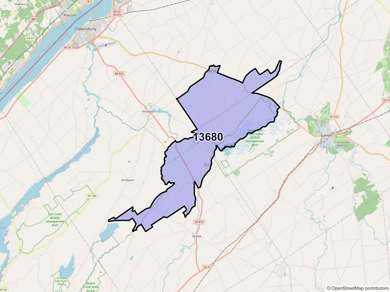 Map of ZIP Code 13680 — Rensselaer Falls, NY