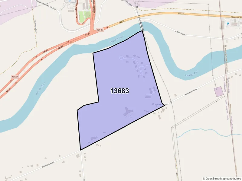 Map of Rooseveltown, New York and ZIP codes