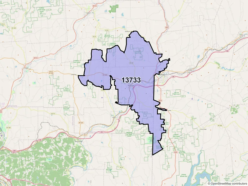 Map of ZIP Code 13733 — Bainbridge, NY