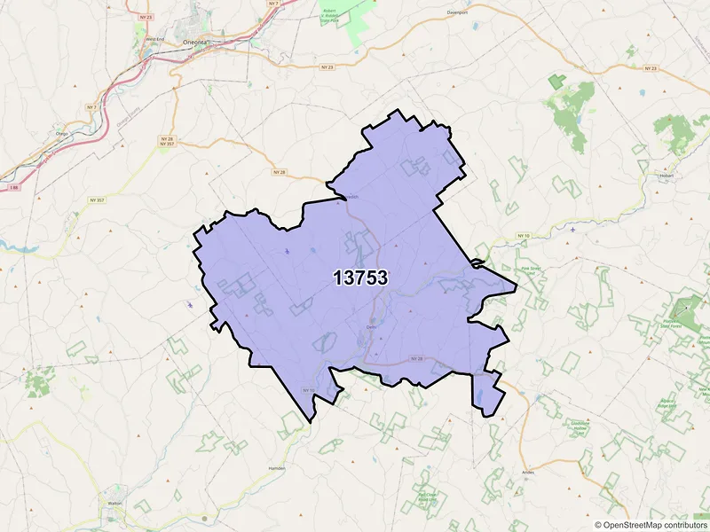 Map of Delhi, New York and ZIP codes