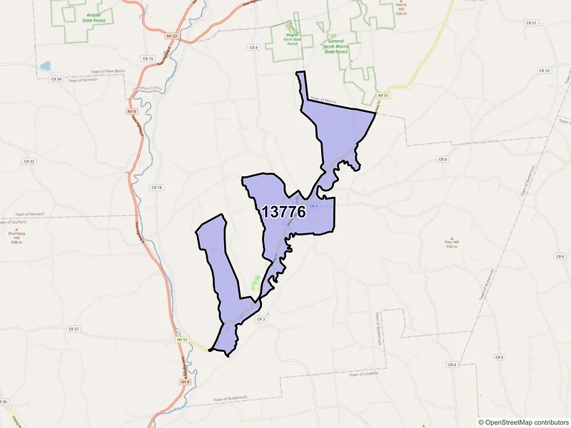 Map of Gilbertsville, New York and ZIP codes