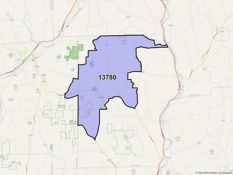 Map of Guilford, New York and ZIP codes