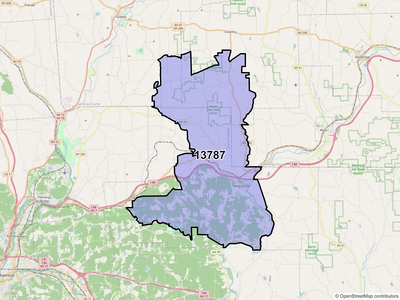 Map of ZIP Code 13787 — Harpursville, NY