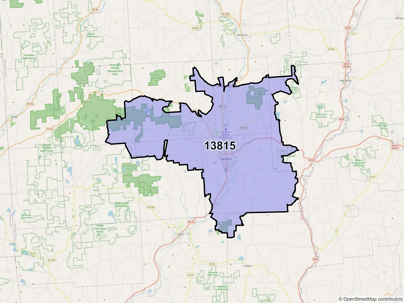 Map of Norwich, New York and ZIP codes