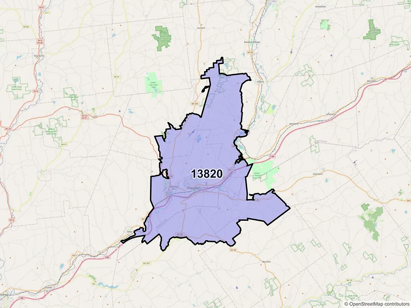 Map of Oneonta, New York and ZIP codes