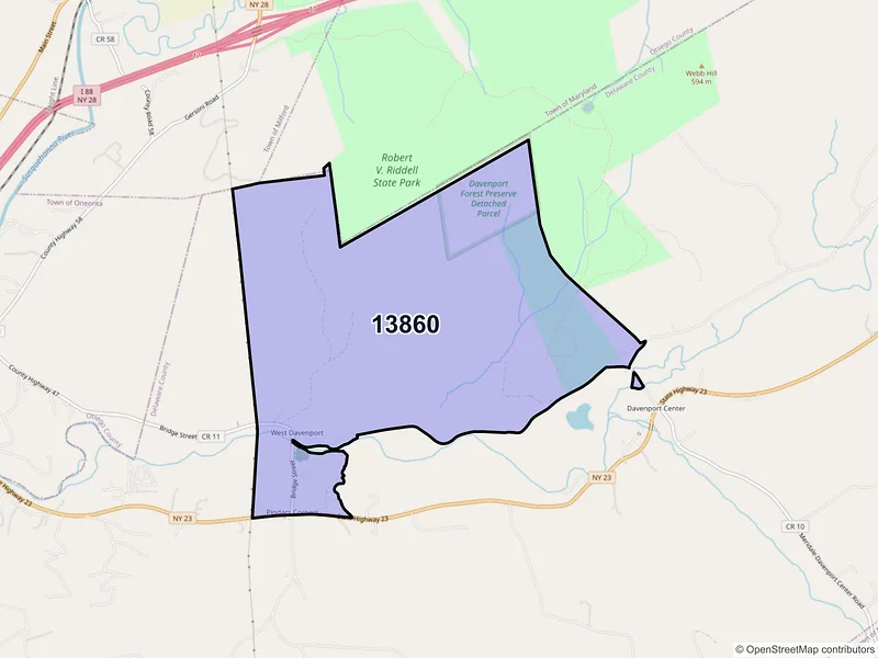 Map of West Davenport, New York and ZIP codes