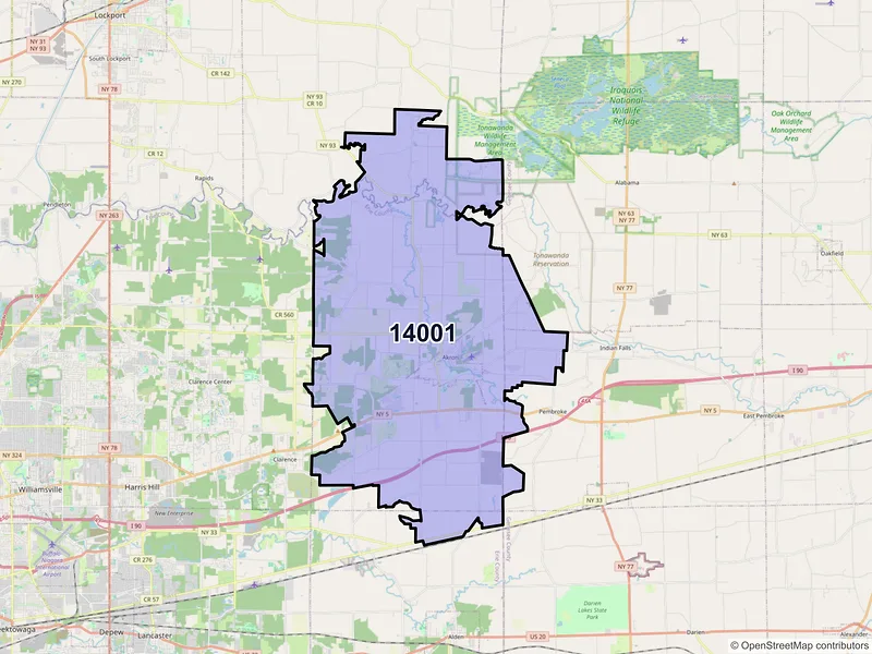 Map of Akron, New York and ZIP codes