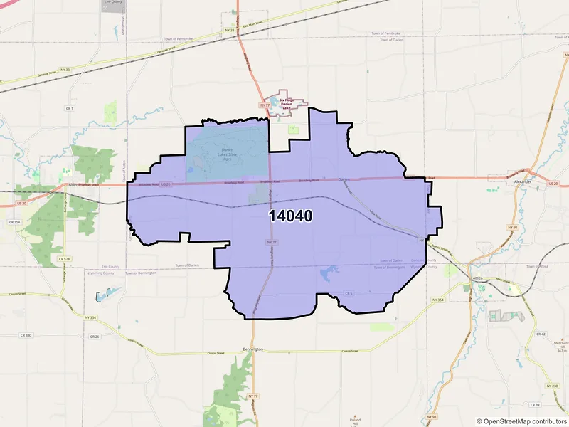 Map of Darien Center, New York and ZIP codes