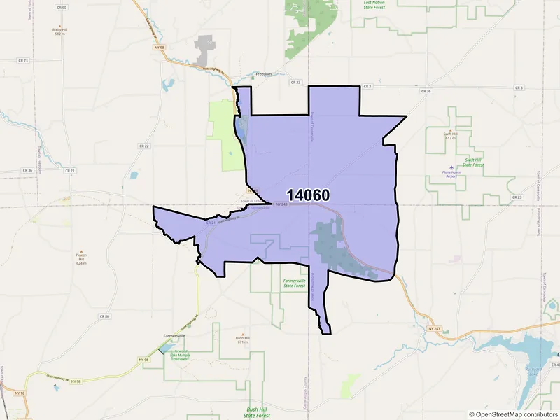 Map of Farmersville Station, New York and ZIP codes