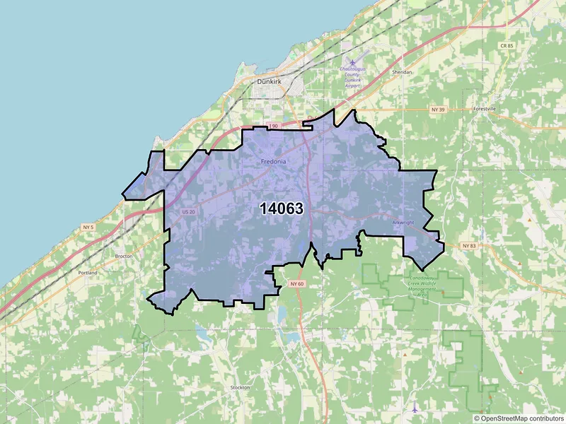 Map of Fredonia, New York and ZIP codes