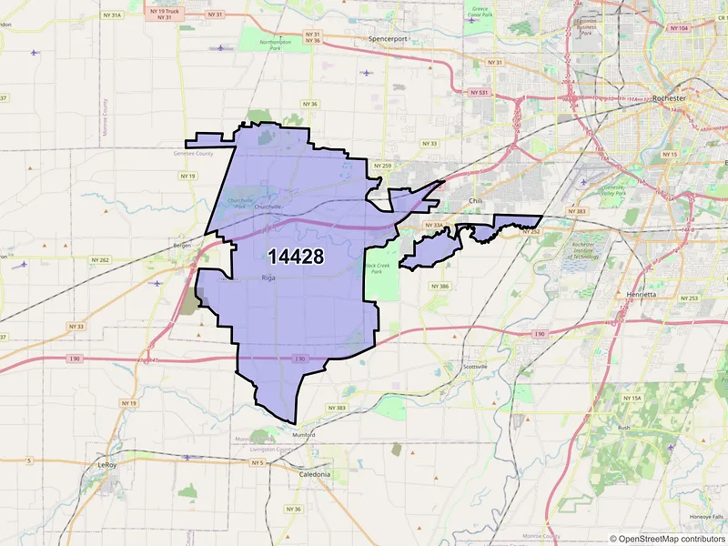 Map of Churchville, New York and ZIP codes