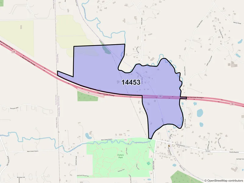 Map of Fishers, New York and ZIP codes