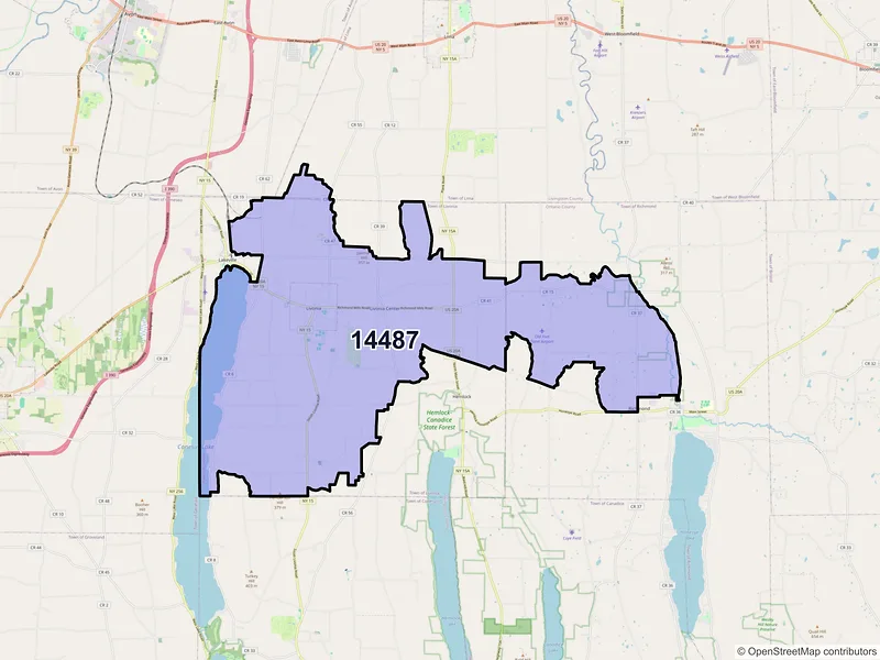 Map of Livonia, New York and ZIP codes
