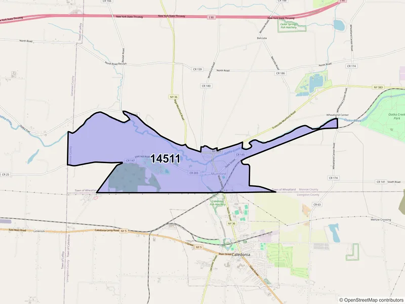 Map of Mumford, New York and ZIP codes