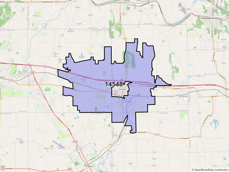Map of Shortsville, New York and ZIP codes