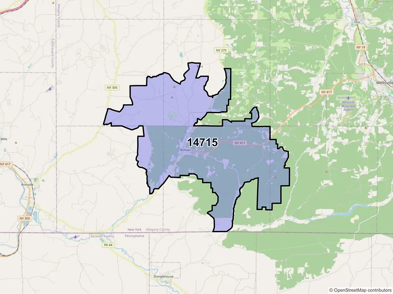 Map of Bolivar, New York and ZIP codes