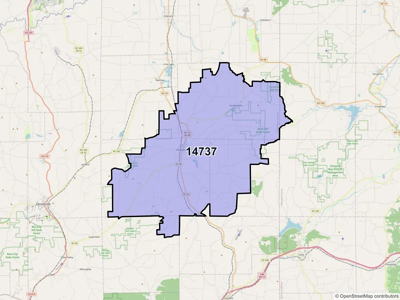 Map of Franklinville, New York and ZIP codes