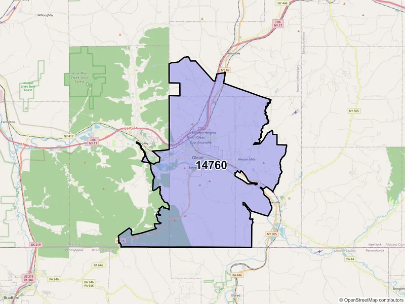 Map of Olean, New York and ZIP codes