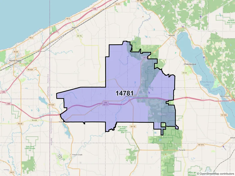 Map of Sherman, New York and ZIP codes