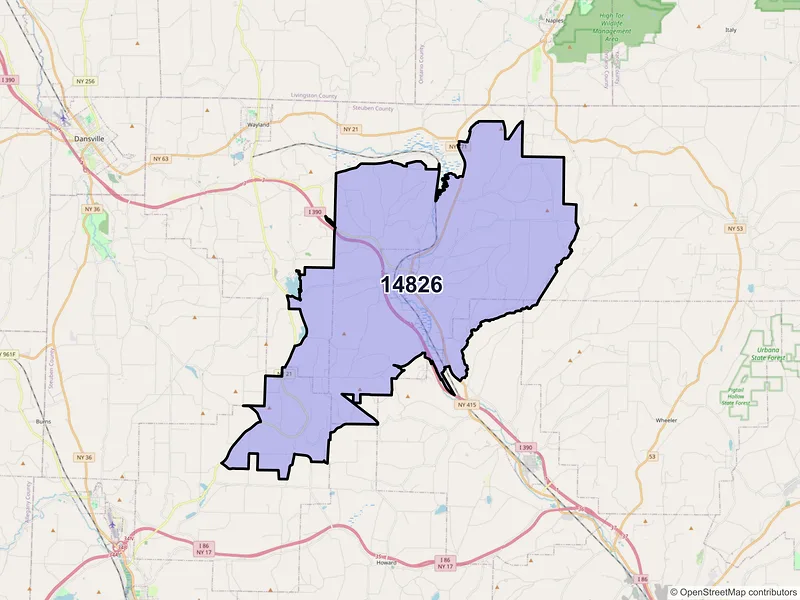 Map of ZIP Code 14826 — Cohocton, NY