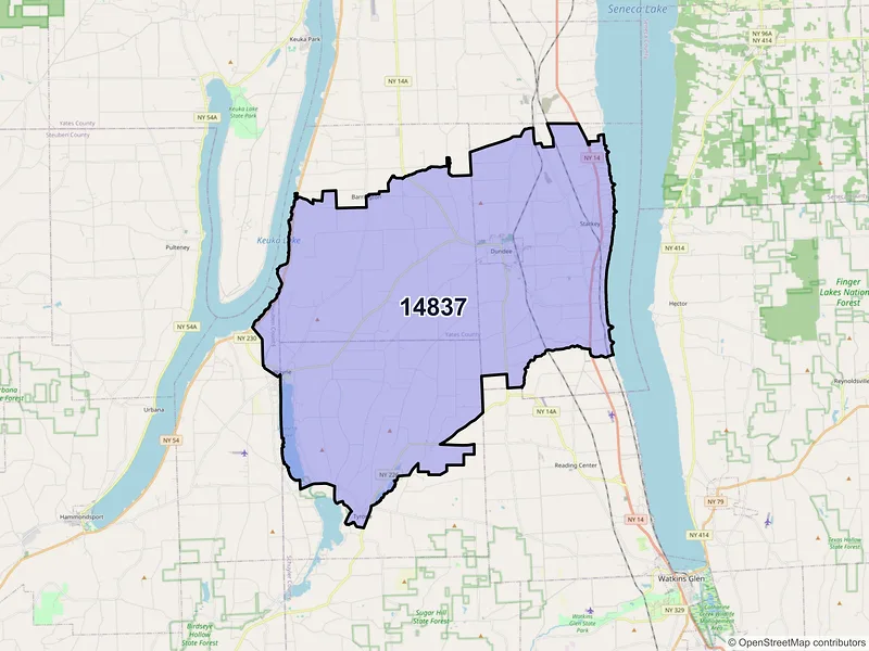 Map of Dundee, New York and ZIP codes