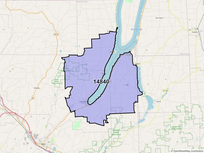 Map of Hammondsport, New York and ZIP codes
