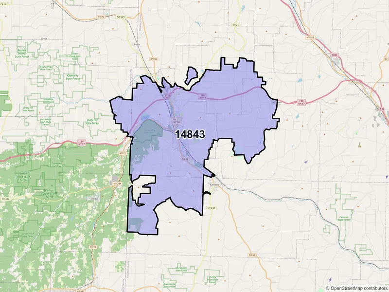 Map of Hornell, New York and ZIP codes