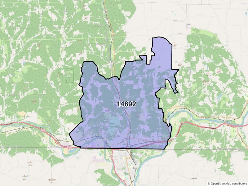 Map of ZIP Code 14892 — Waverly, NY