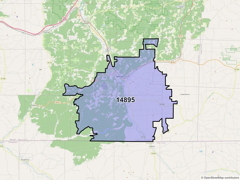 Map of Wellsville, New York and ZIP codes