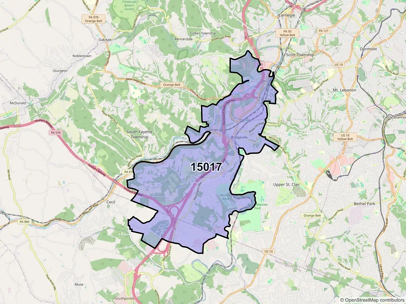 Map of ZIP Code 15017 — Bridgeville, PA