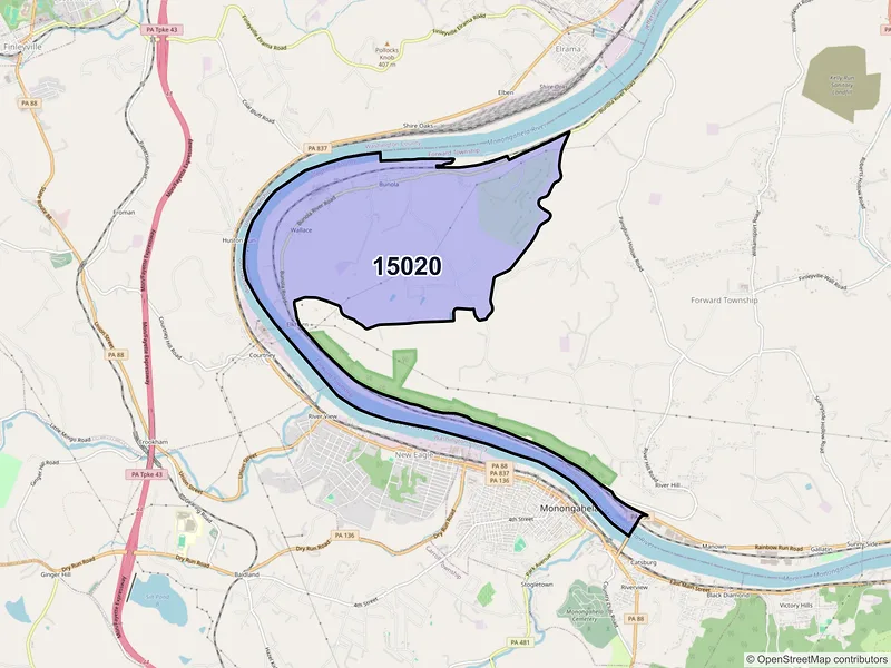 Map of Bunola, Pennsylvania and ZIP codes