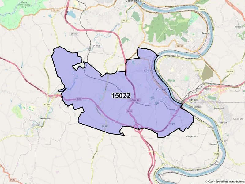 Map of Charleroi, Pennsylvania and ZIP codes