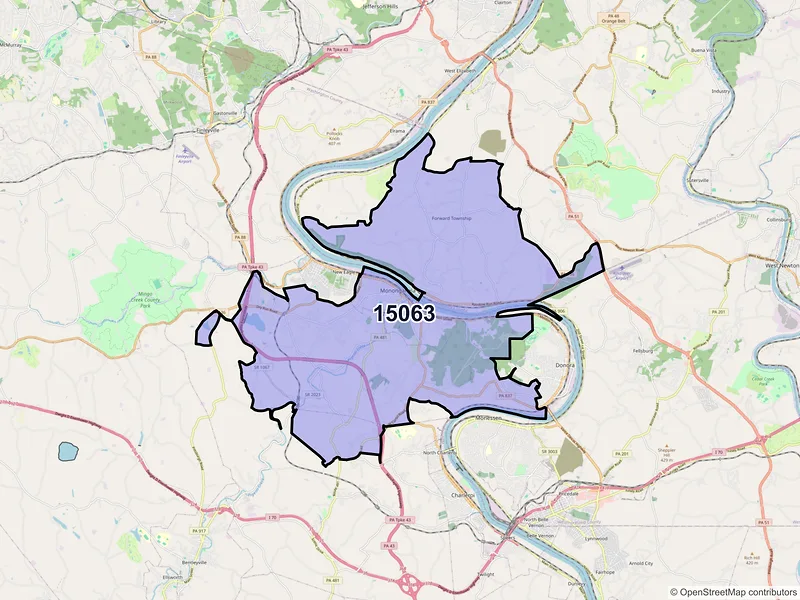 Map of Monongahela, Pennsylvania and ZIP codes