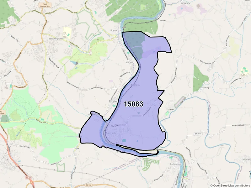 Map of ZIP Code 15083 — Sutersville, PA
