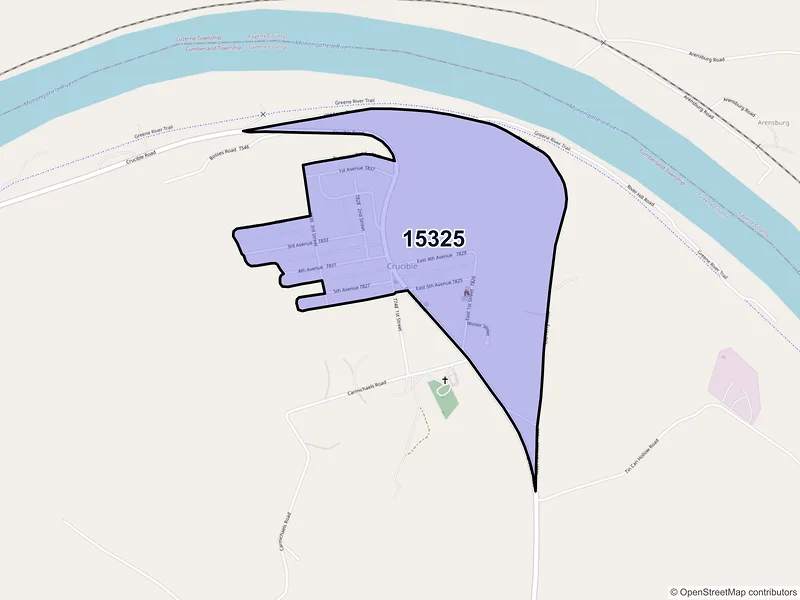 Map of Crucible, Pennsylvania and ZIP codes