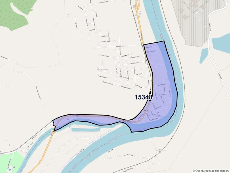 Map of Millsboro, Pennsylvania and ZIP codes