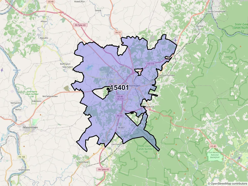 Map of Uniontown, Pennsylvania and ZIP codes