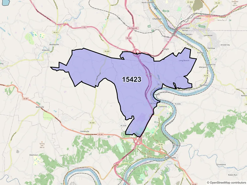 Map of ZIP Code 15423 — Coal Center, PA