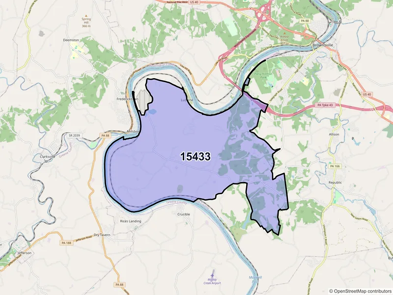 Map of East Millsboro, Pennsylvania and ZIP codes