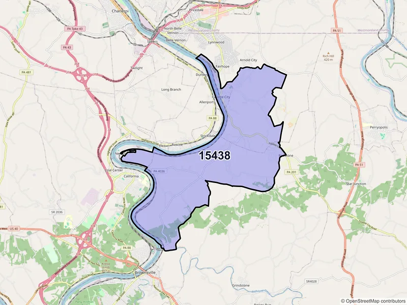 Map of ZIP Code 15438 — Fayette City, PA