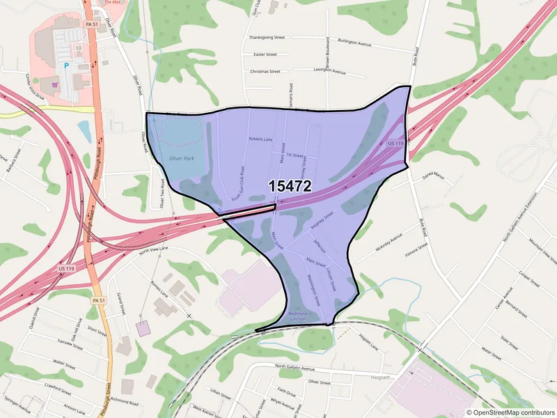 Map of Oliver, Pennsylvania and ZIP codes