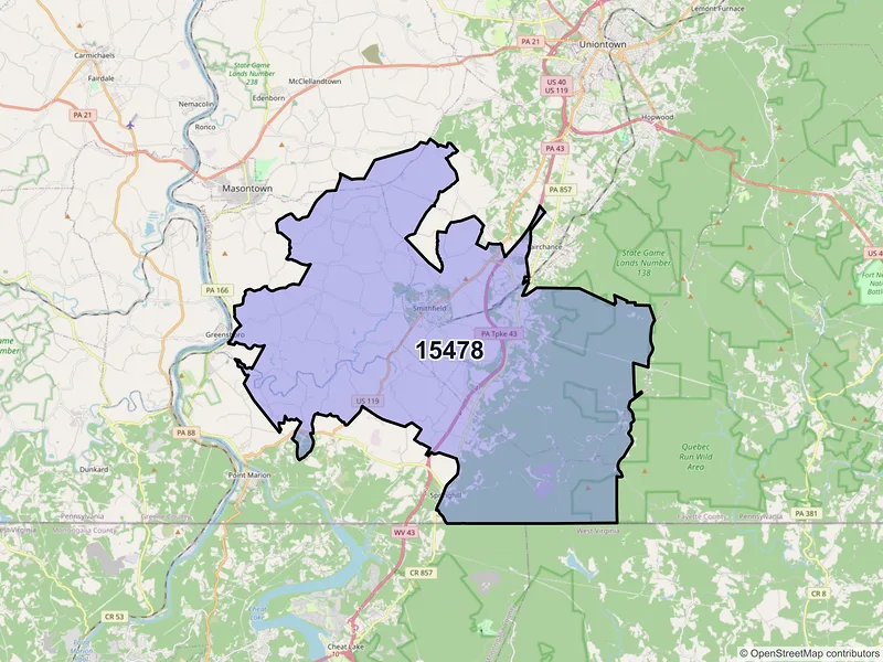 Map of Smithfield, Pennsylvania and ZIP codes