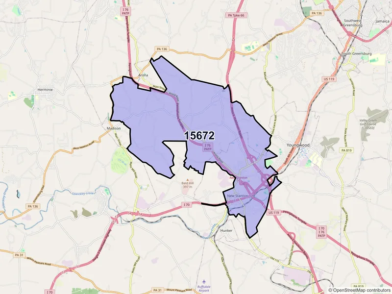 Map of New Stanton, Pennsylvania and ZIP codes