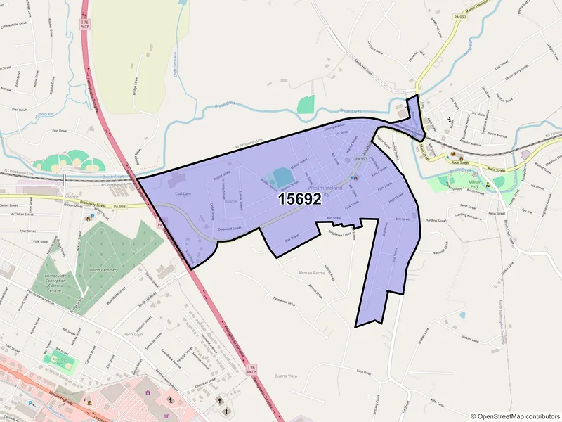Map of Westmoreland City, Pennsylvania and ZIP codes
