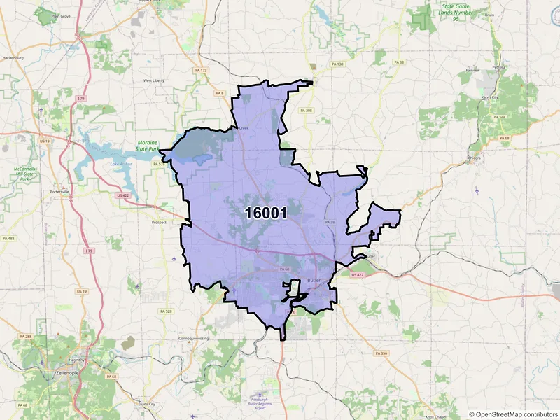 Map of ZIP Code 16001 — Butler, PA